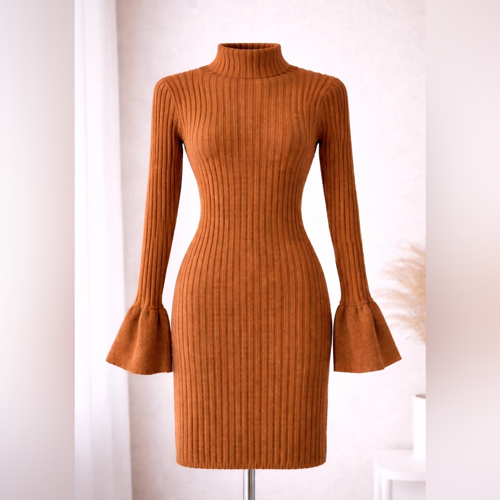 Brown Ribbed Knit Dress